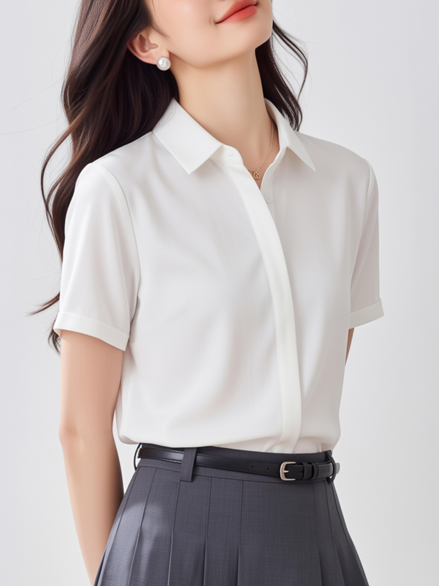 Women Formal Wear White Shirt - White V-Neck Short Sleeve Chiffon Shirt