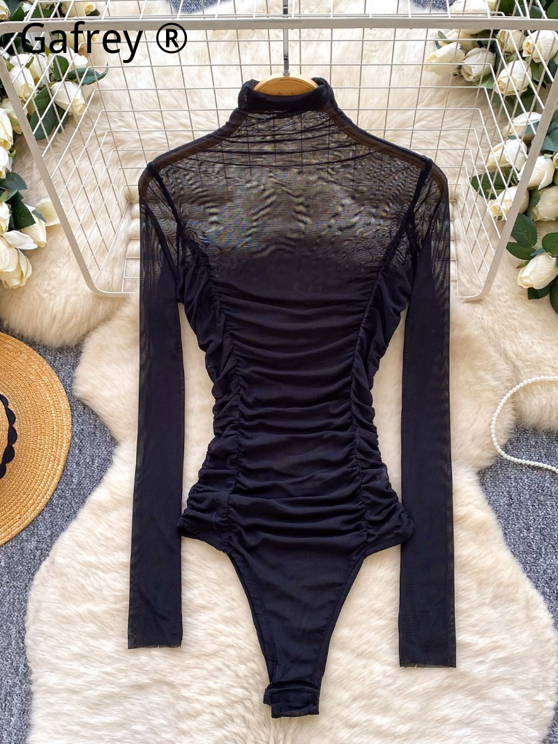 Sexy Grey Mesh Ruched Bodysuit - Turtleneck Bodysuit Office recension och pris
