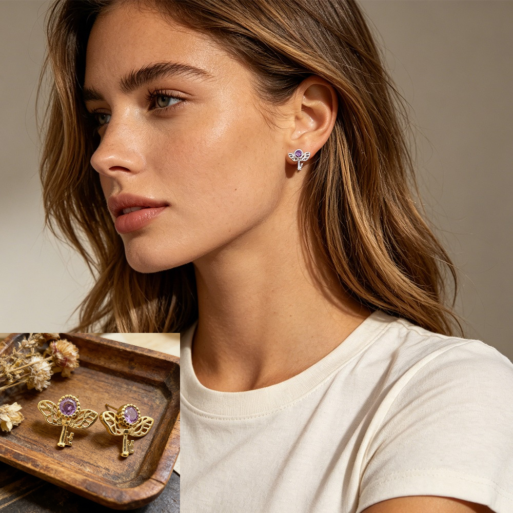 Retro Key Amethyst Stud Earrin - Women Formal Wear For Meeting recension och pris